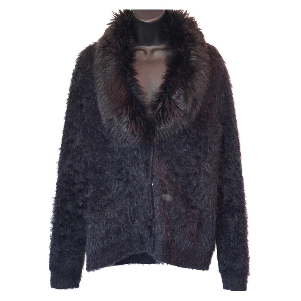 Black Rivet Black Fuzzy Jacket Faux Fur Collar Cozy Winter Layer Small
